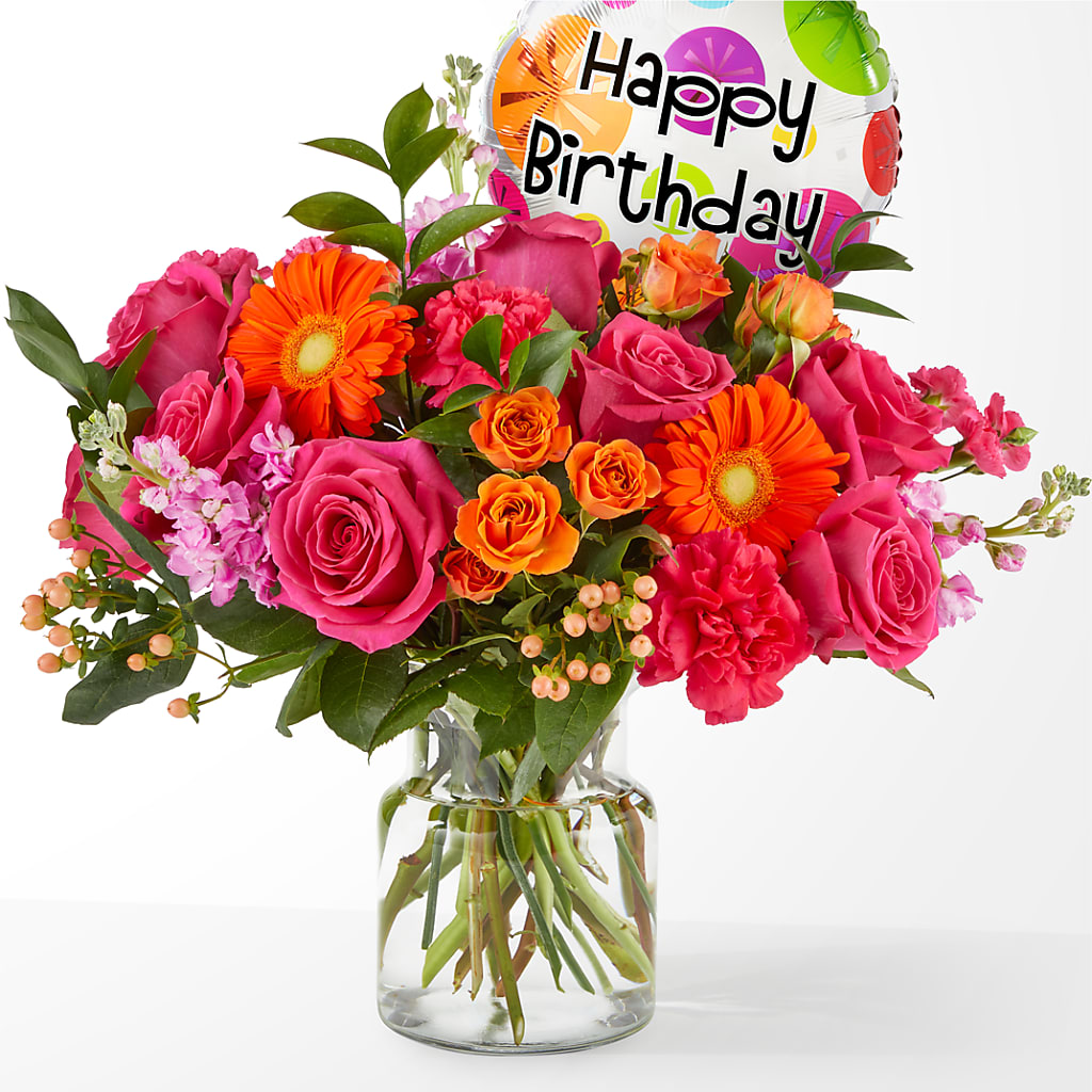 Fiesta Bouquet with Birthday Balloon – HALL'S GIFT AND TREASURES FLORAL DESIGN, Vicksburg MS