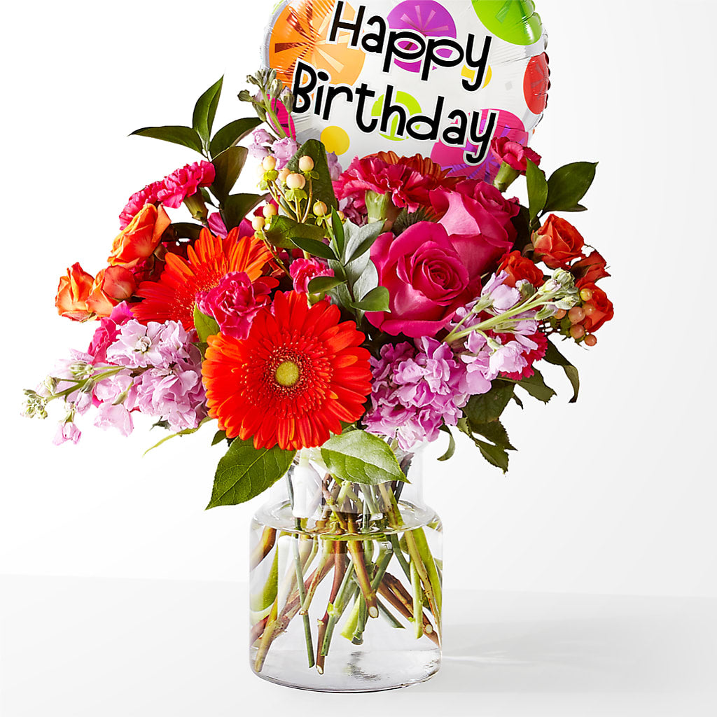 Fiesta Bouquet with Birthday Balloon – HALL'S GIFT AND TREASURES FLORAL DESIGN, Vicksburg MS