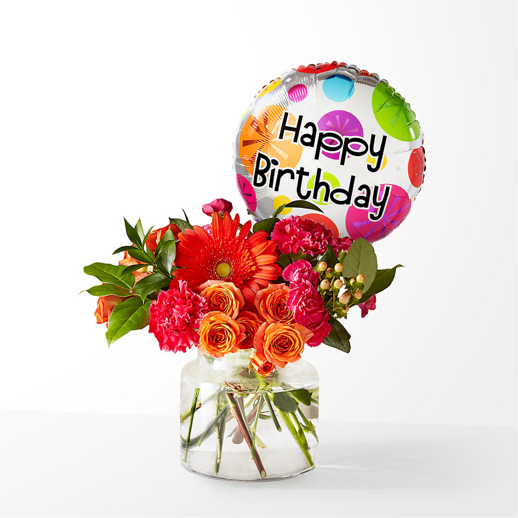 Fiesta Bouquet with Birthday Balloon – HALL'S GIFT AND TREASURES FLORAL DESIGN, Vicksburg MS