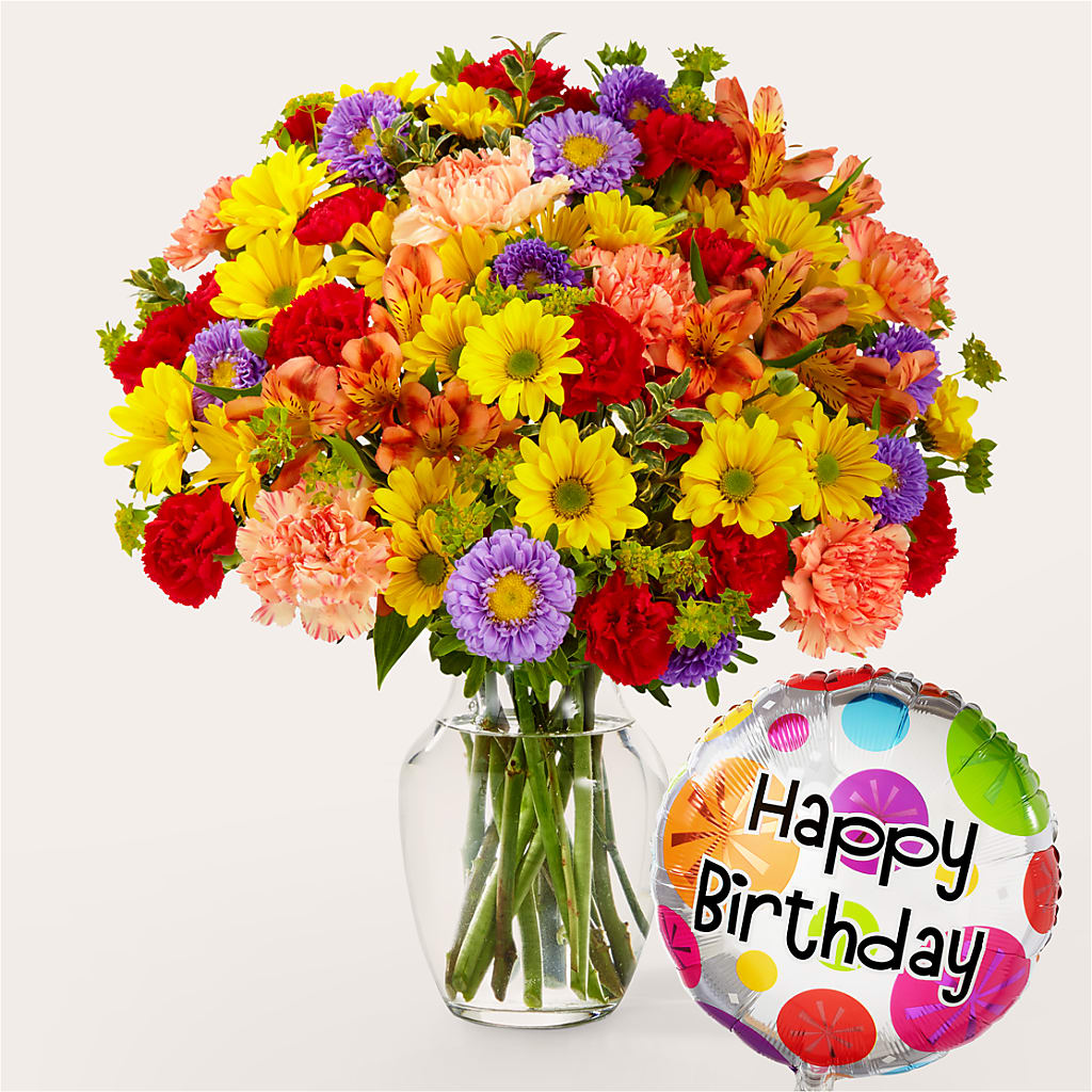 Kaleidoscope Bouquet with Birthday Balloon – HALL'S GIFT AND TREASURES FLORAL DESIGN, Vicksburg MS