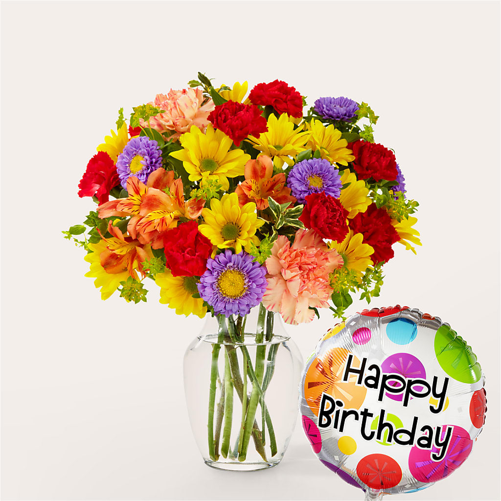 Kaleidoscope Bouquet with Birthday Balloon – HALL'S GIFT AND TREASURES FLORAL DESIGN, Vicksburg MS