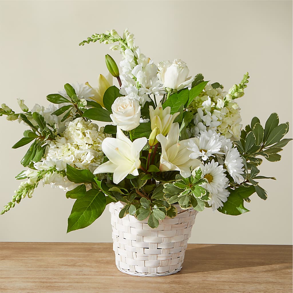 Ivory Elegance Floral Basket – HALL'S GIFT AND TREASURES FLORAL DESIGN, Vicksburg MS