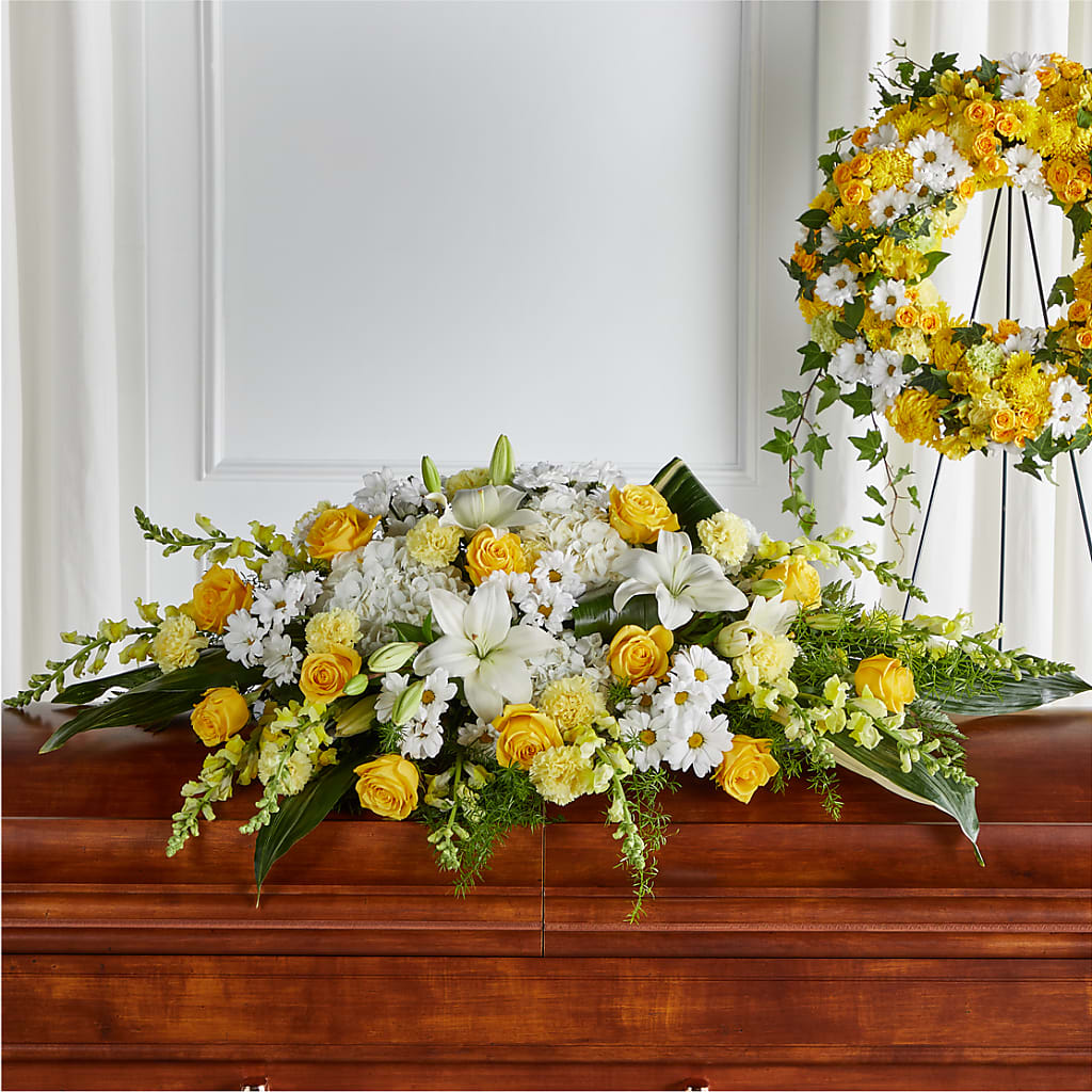 Golden Harmony Casket Spray – HALL'S GIFT AND TREASURES FLORAL DESIGN, Vicksburg MS