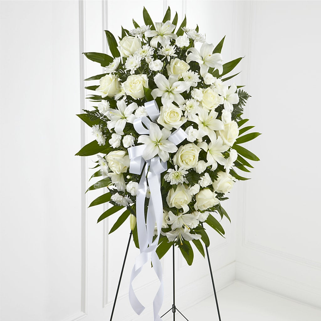 Exquisite Tribute Standing Spray-White Ribbon – HALL'S GIFT AND TREASURES FLORAL DESIGN, Vicksburg MS