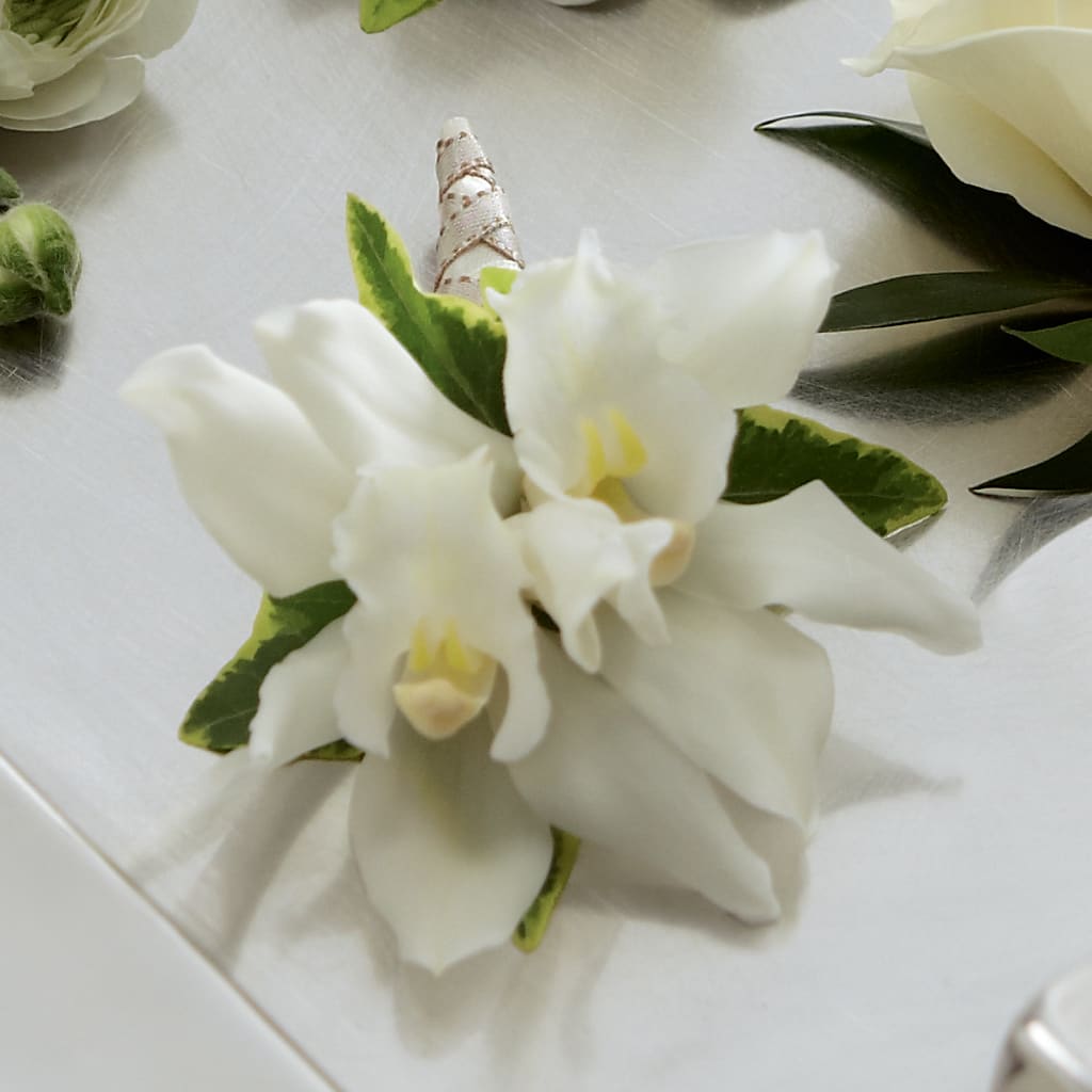 White Mini Cymbidium Boutonniere – HALL'S GIFT AND TREASURES FLORAL DESIGN, Vicksburg MS