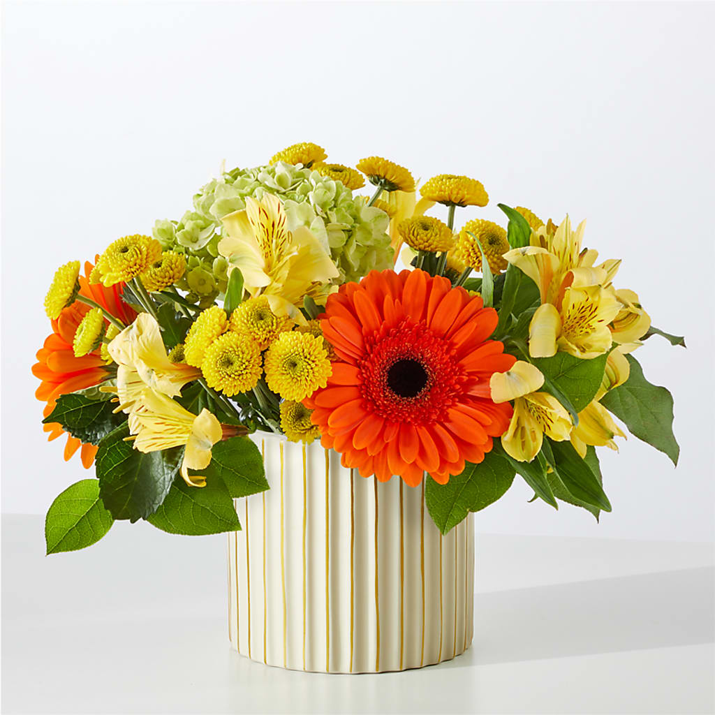 Autumn Sunshine Bouquet with Ivory Vase – HALL'S GIFT AND TREASURES FLORAL DESIGN, Vicksburg MS